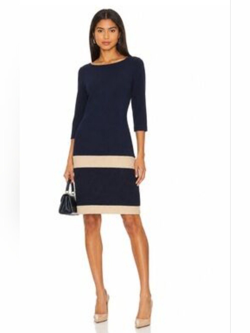LAUREN Ralph Lauren Navy Blue Beige Knit Sweater Dress - XS (EUC)